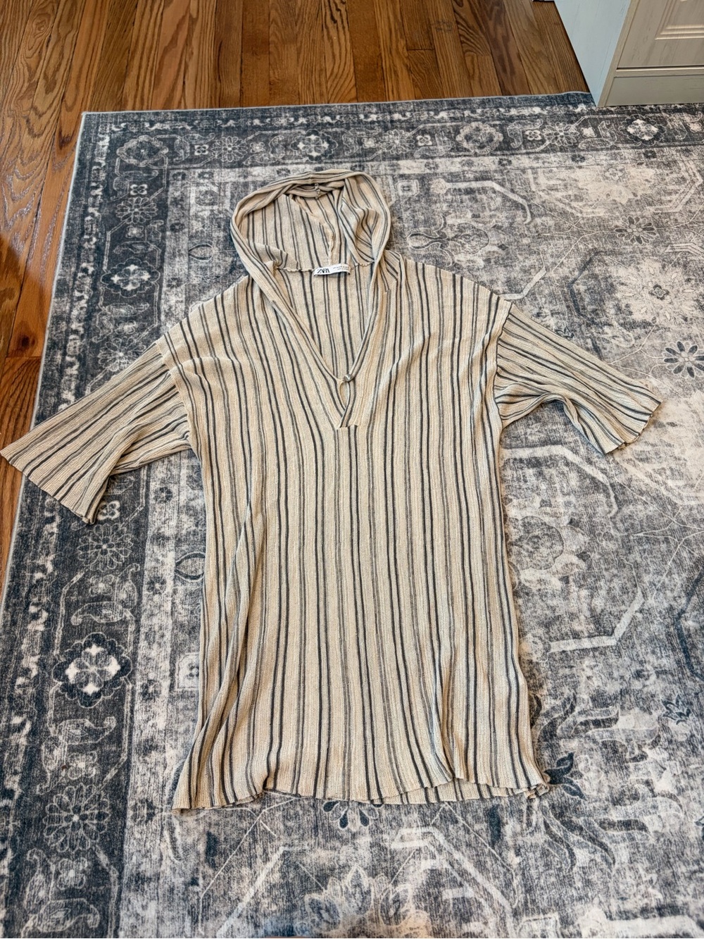 Zara Striped Hooded Short-Sleeve Knit Top in Beige and Black